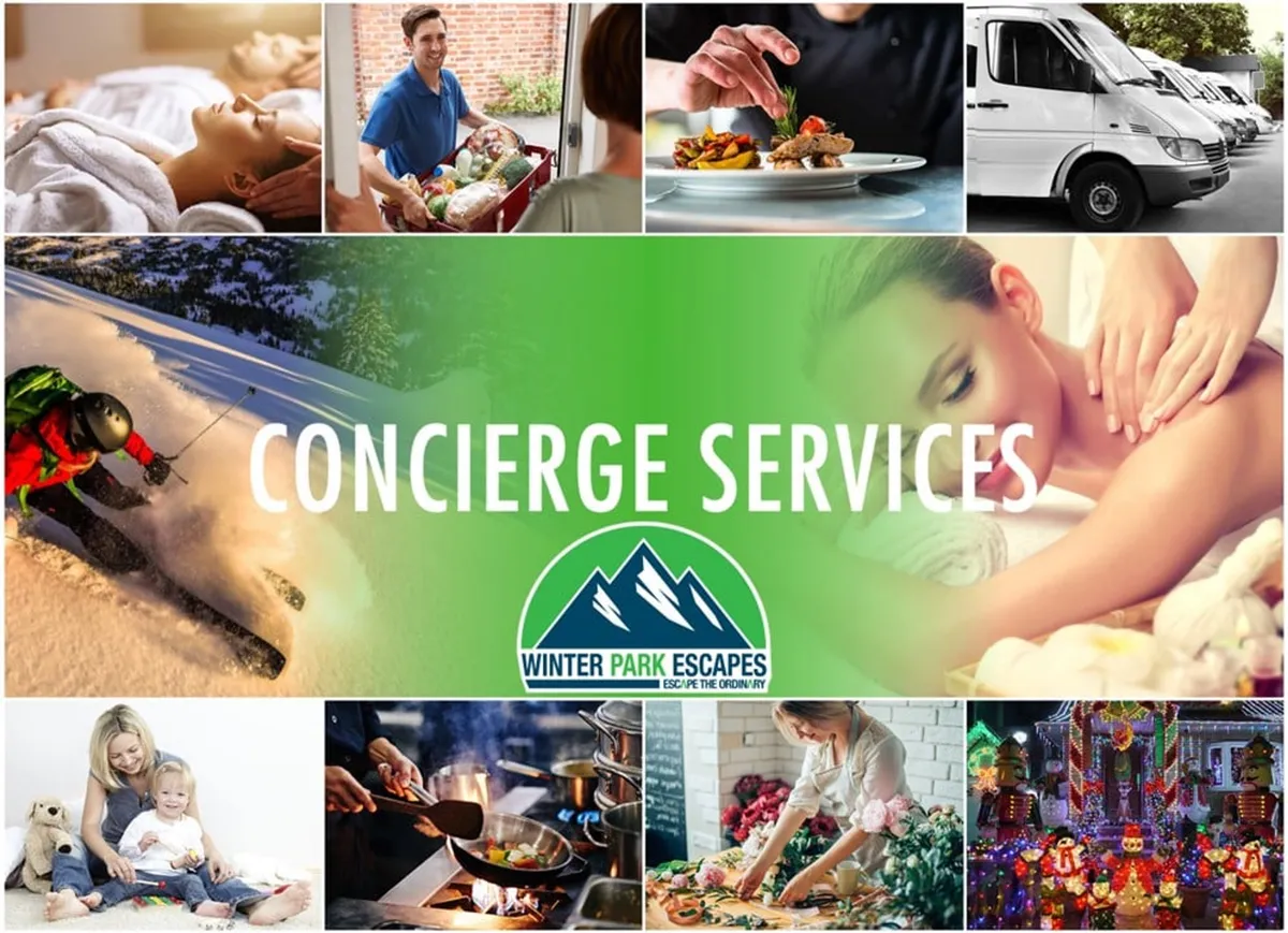 A dynamic visual overview of concierge services—depicting skiing, in-home spa treatments, food preparation, and festive family time—capturing the range of luxury experiences available on demand.