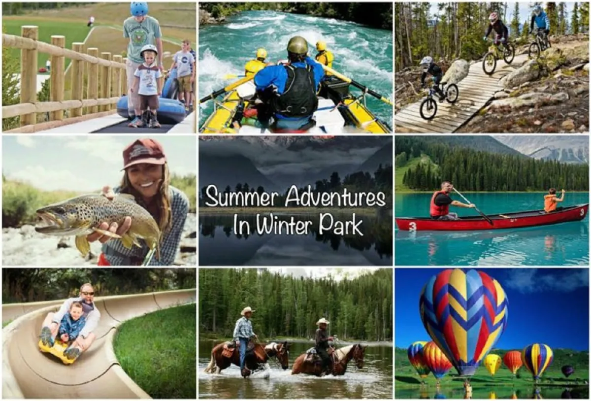 This vibrant and colorful exterior image depicts a lively summer scene: families rafting down a river, biking on mountain trails, fishing by the water, children playing on a water slide, horseback riding, and hot air balloons floating above. The landscape is lush and inviting, teeming with energy and outdoor excitement.